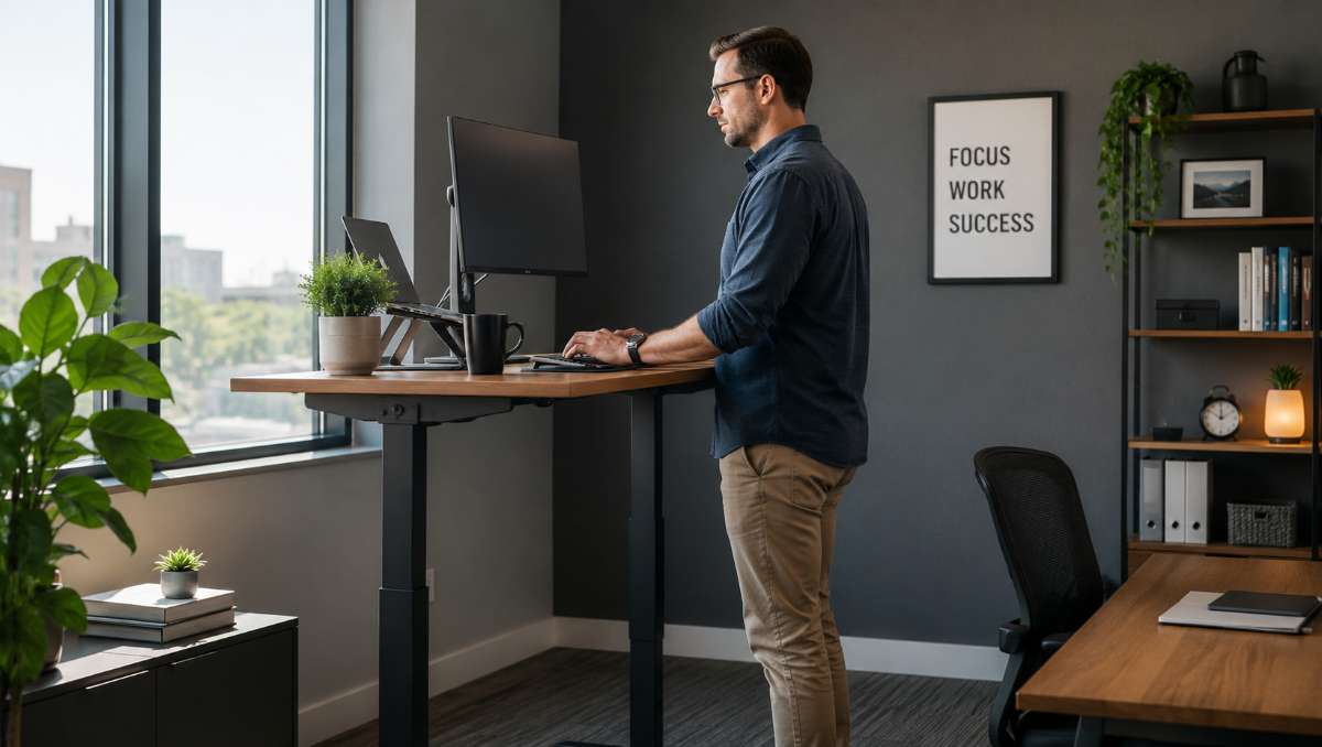 Man working on a standing desk in the office