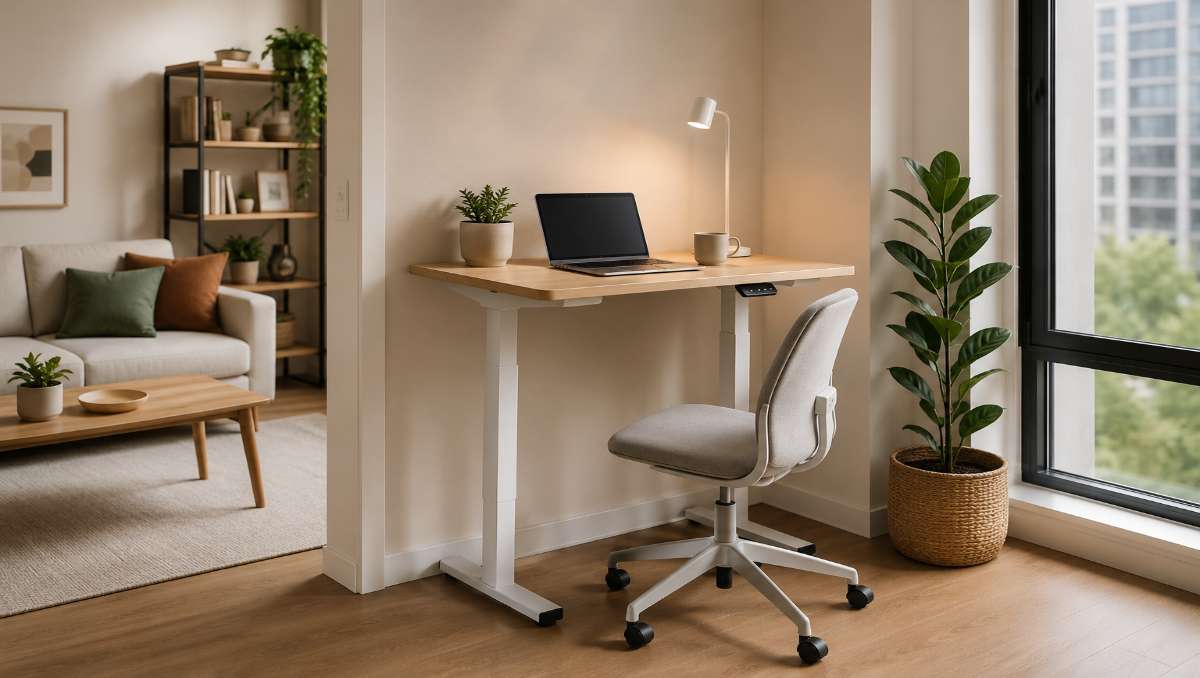 Small standing desk setup in apartment