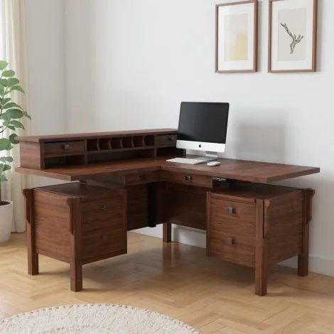 Amish Handmade Adjustable Height Centennial L Desk with Hutch